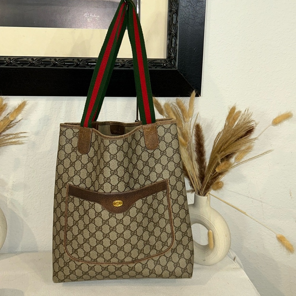 GUCCI GG Canvas Web Sherry Line  Bag PVC Beige Green Red Authentic